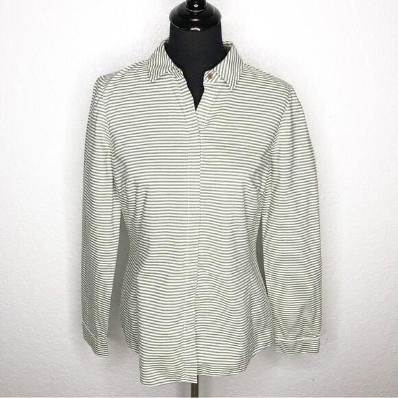 Lafayette 148 olive green white striped button down top size 10 - Picture 1 of 13
